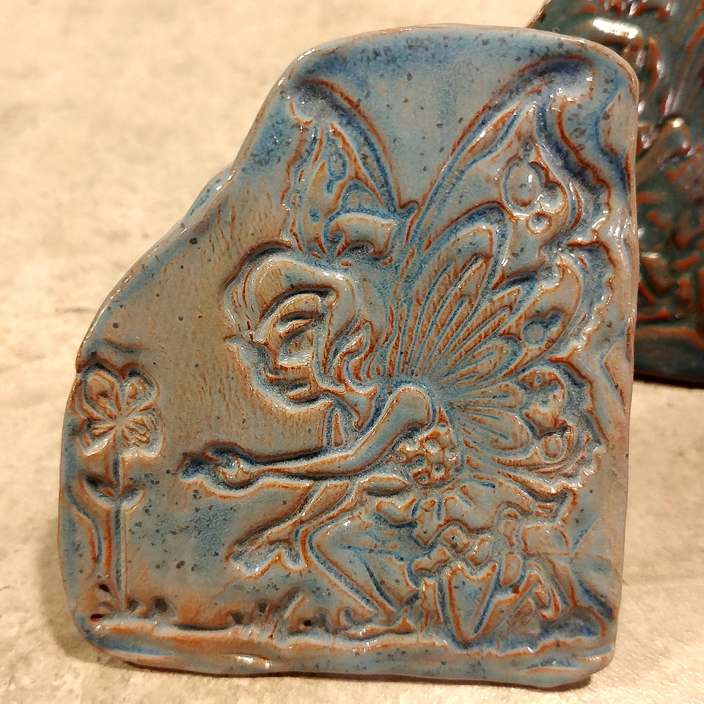 Homemade Pottery Fairy Napkin Holders. Set of 4 Rings in Blue Shades.